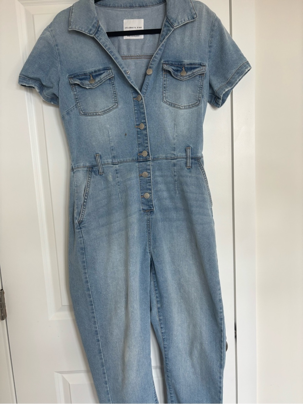Celebrity Pink Light Wash Denim Short Sleeve Jumpsuit
